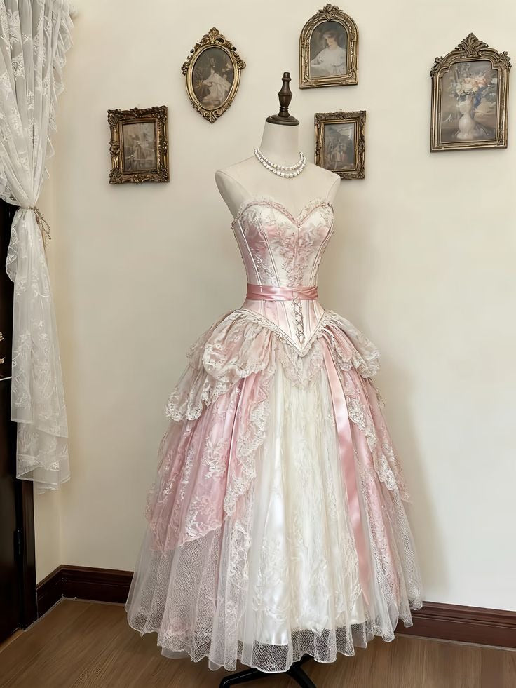 Vintage Ball Gown Sweetheart Satin Lace Without Sleeves Long Prom Dress, Evening Dress - View 2 | FashionDia