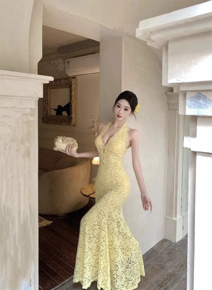 Sexy Pastel Yellow Mermaid Halter Lace Without Sleeves Long Prom Dress, Evening Dress - View 6 | FashionDia