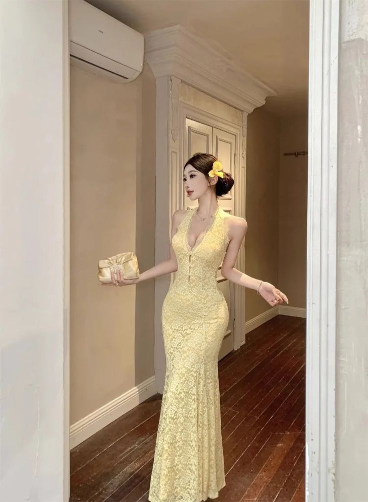 Sexy Pastel Yellow Mermaid Halter Lace Without Sleeves Long Prom Dress, Evening Dress - View 9 | FashionDia