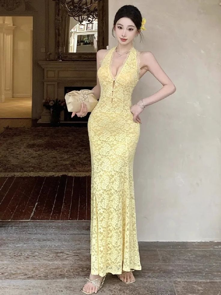 Sexy Pastel Yellow Mermaid Halter Lace Without Sleeves Long Prom Dress, Evening Dress - View 10 | FashionDia