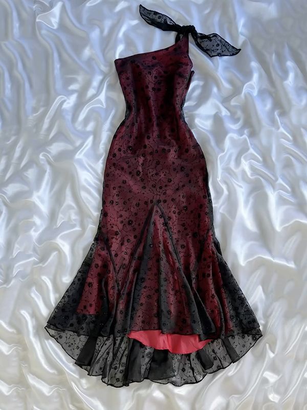 Charming Mermaid One-Shoulder Satin Lace Without Sleeves Long Prom Dress, Evening Dress - FashionDia