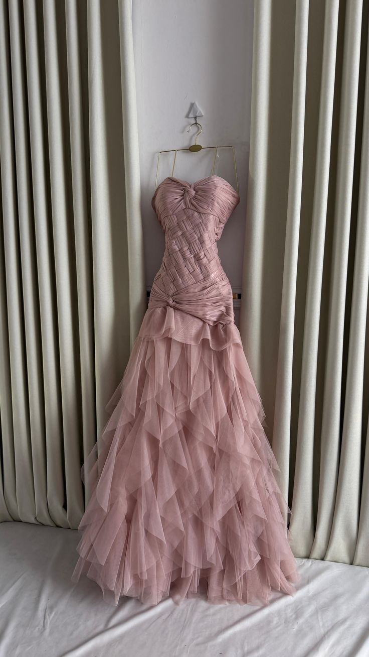 Chic Dusty Pink Mermaid Strapless Tulle Without Sleeves Long Prom Dress, Evening Dress - FashionDia