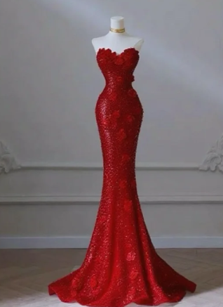 Charming Red Mermaid Sweetheart Satin Sequin Without Sleeves Long Prom Dress, Evening Dress - FashionDia