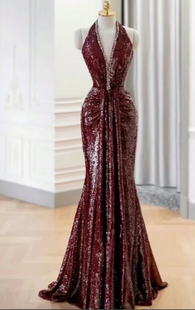 Dark Burgundy Mermaid Halter Sequin Without Sleeves Long Prom Dress, Evening Dress - FashionDia