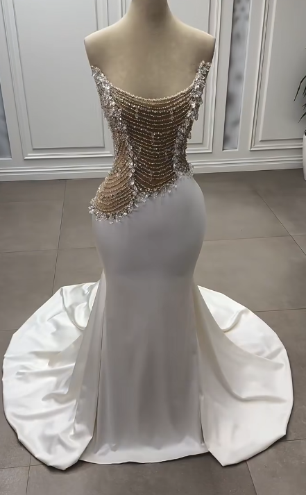Chic Gorgeous Mermaid Strapless Satin Beaded Without Sleeves Long Prom Dress, Evening Dress - FashionDia