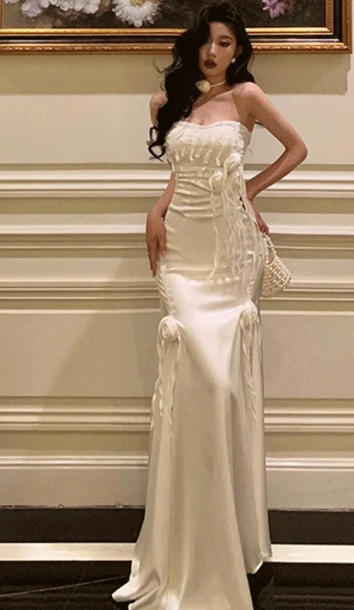 Chic Mermaid Strapless Satin Without Sleeves Long Prom Dress, Evening Dress - FashionDia