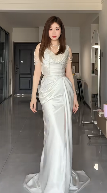 Elegant White Mermaid Satin Beaded Slit Without Sleeves Long Prom Dress, Evening Dress - FashionDia