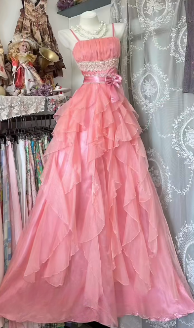 Cute Soft Pink A-Line Spaghetti Straps Ruffle Chiffon Without Sleeves Long Prom Dress, Evening Dress - FashionDia