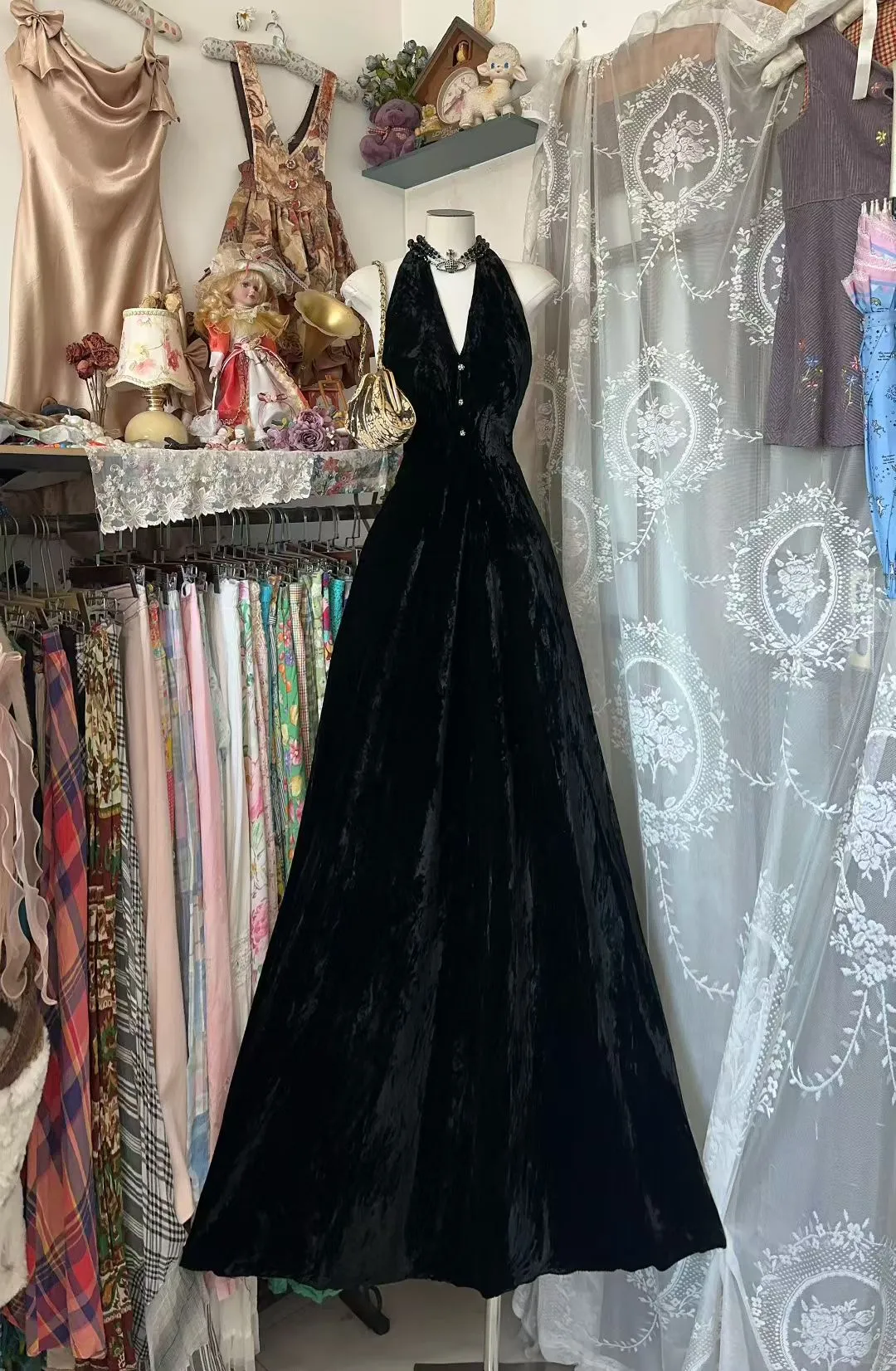 Elegant Black A-Line Halter Velvet Without Sleeves Long Prom Dress, Evening Dress - FashionDia