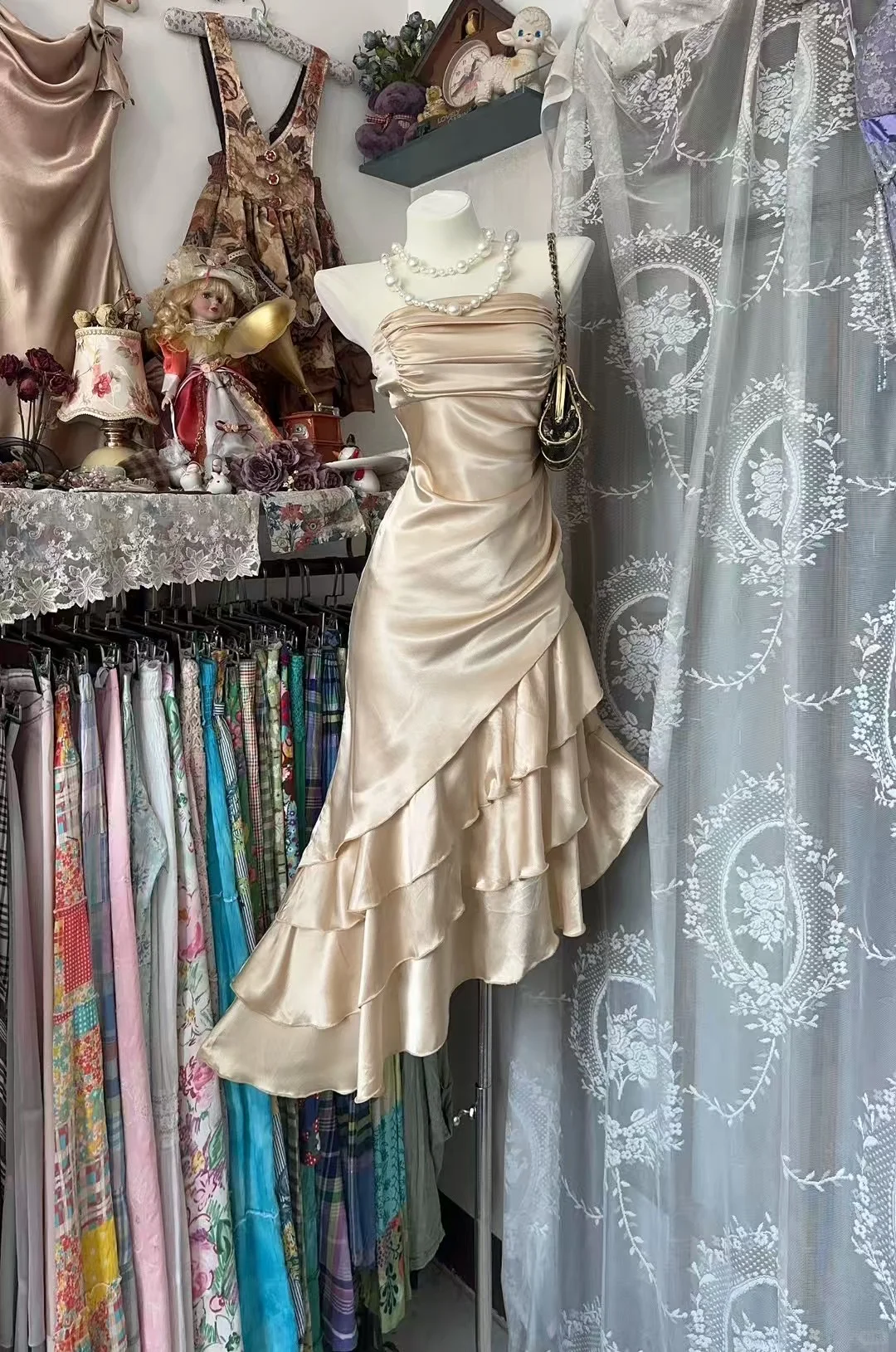 Classy Mermaid Strapless Satin Without Sleeves Tea-Length Prom Dress, Evening Dress - FashionDia
