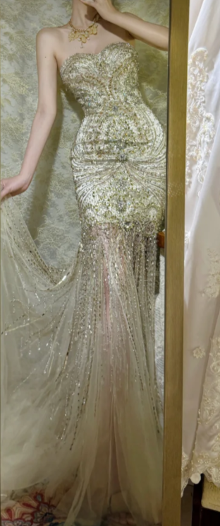 Charming Mermaid Strapless Tulle Sequin Beaded Without Sleeves Long Prom Dress, Evening Dress - FashionDia