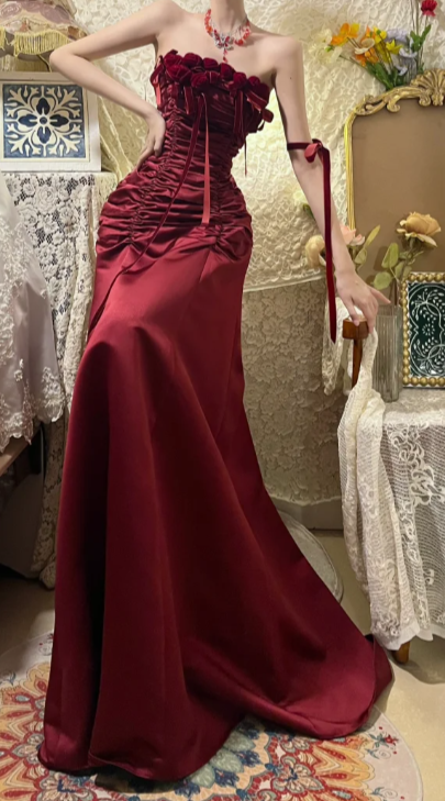 Chic A-Line Burgundy Strapless Satin Without Sleeves Long Prom Dress, Evening Dress - FashionDia