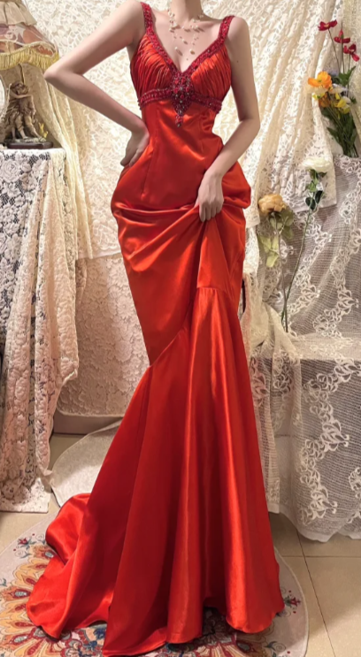 Classy Mermaid Red V-Neck Satin Beaded Without Sleeves Long Prom Dress, Evening Dress - FashionDia