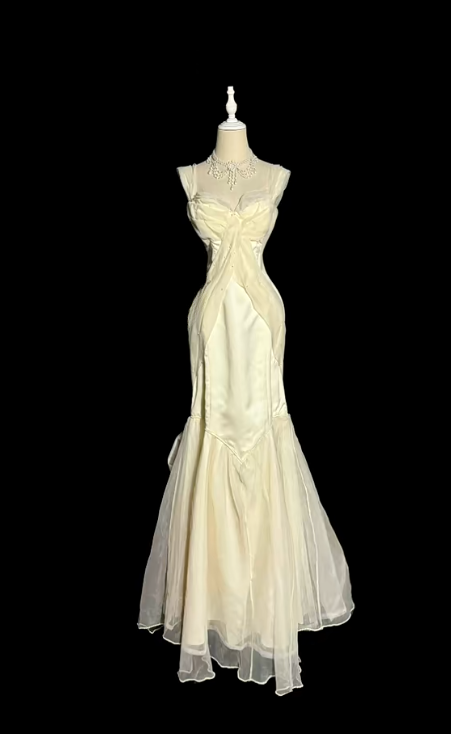 Chic Mermaid Ivory Spaghetti Straps Satin Chiffon Beaded Without Sleeves Long Prom Dress, Evening Dress - FashionDia
