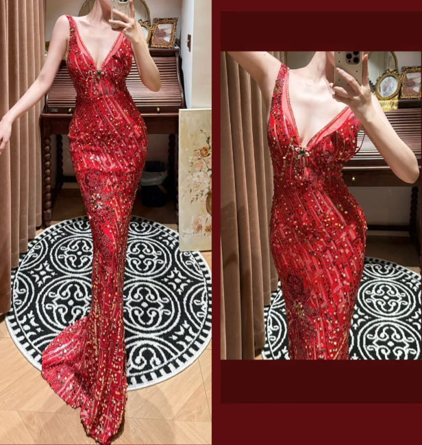 Luxurious Mermaid V-Neck Red Sequin Beaded Without Sleeves Long Prom Dress, Evening Dress - View 3 | FashionDia