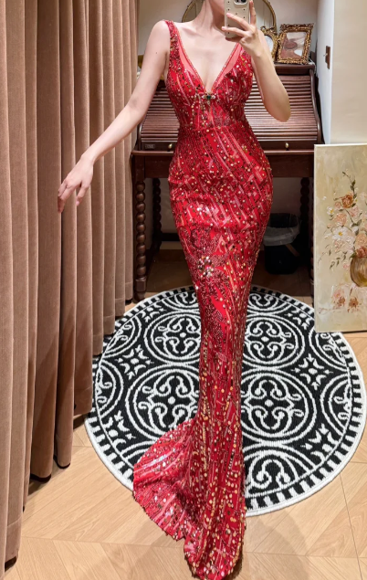 Luxurious Mermaid V-Neck Red Sequin Beaded Without Sleeves Long Prom Dress, Evening Dress - View 4 | FashionDia