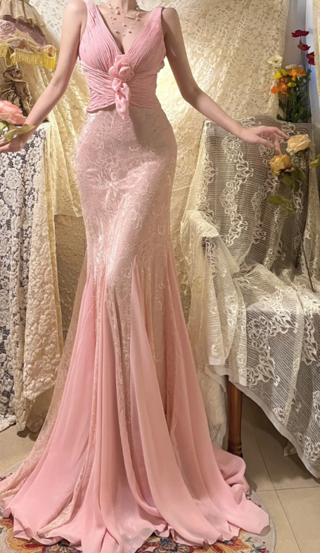 Stunning Pink Mermaid V-Neck Chiffon Lace Without Sleeves Long Prom Dress, Evening Dress - View 5 | FashionDia
