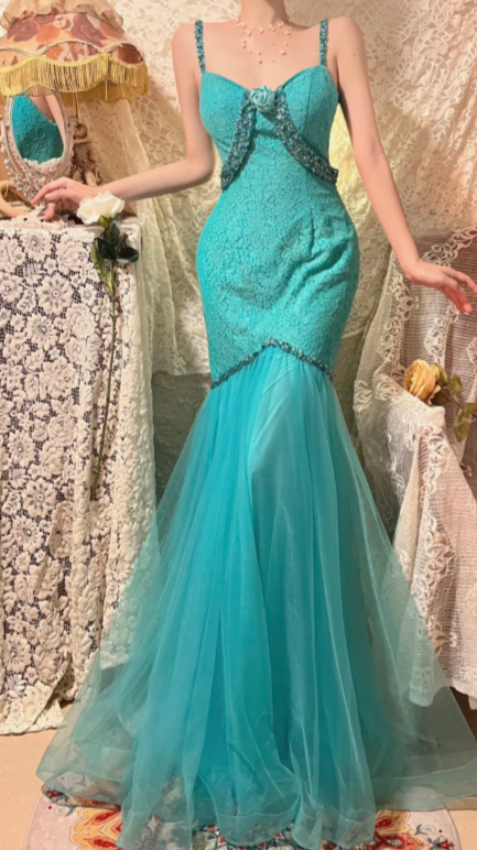 Chic Mermaid Spaghetti Straps Tulle Lace Beaded Without Sleeves Long Prom Dress, Evening Dress - FashionDia
