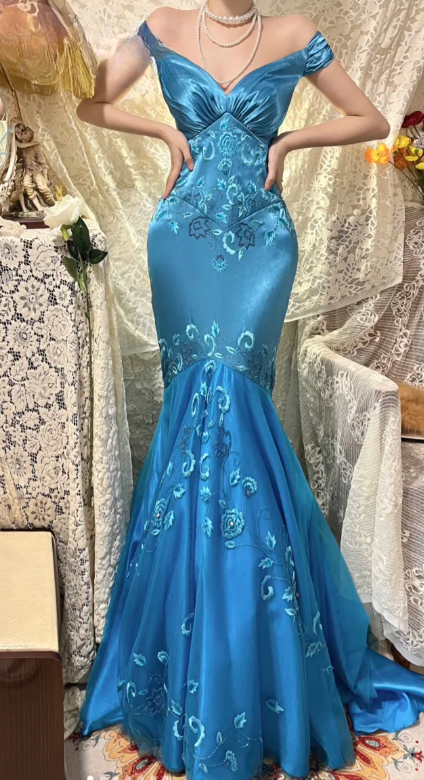 Charming Mermaid Off-the-Shoulder Satin Embroidery Long Prom Dress, Evening Dress - FashionDia