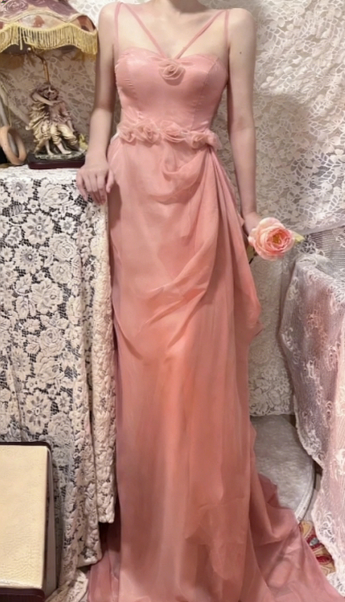Elegant A-Line Peach Spaghetti Straps Chiffon Long Prom Dress, Evening Dress - FashionDia