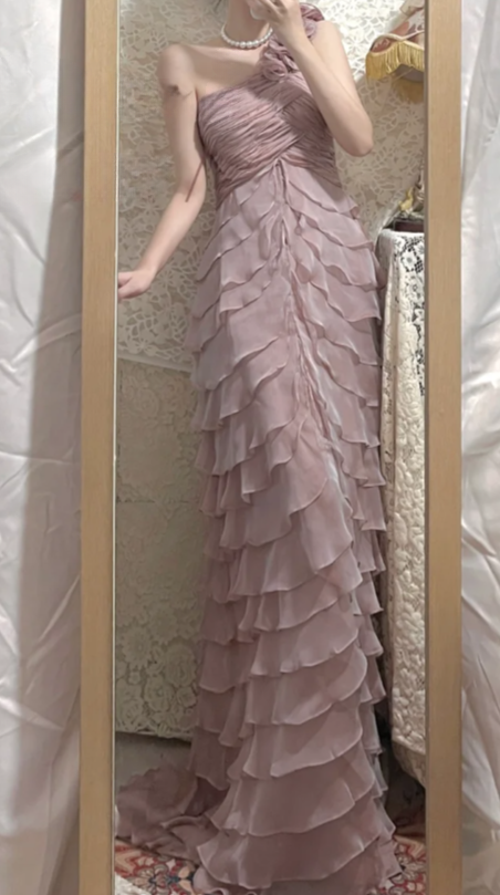 Pretty A-Line One-Shoulder Tiered Ruffle Chiffon Long Prom Dress, Evening Dress - FashionDia