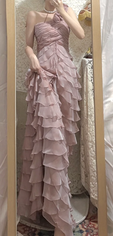 Pretty A-Line One-Shoulder Tiered Ruffle Chiffon Long Prom Dress, Evening Dress - View 2 | FashionDia
