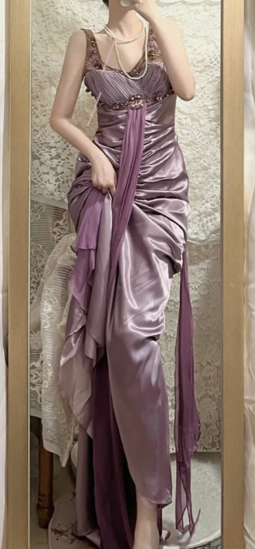 Charming Mermaid Satin Chiffon Beaded Long Prom Dress, Evening Dress - FashionDia