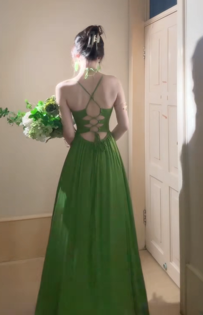 Charming Green A-Line Spaghetti Straps Satin Long Prom Dress, Evening Dress - View 3 | FashionDia
