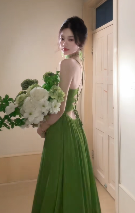 Charming Green A-Line Spaghetti Straps Satin Long Prom Dress, Evening Dress - View 5 | FashionDia