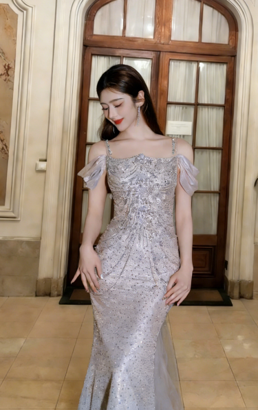 Gorgeous Mermaid Off-the-Shoulder Tulle Beads Long Prom Dress, Evening Dress - View 2 | FashionDia