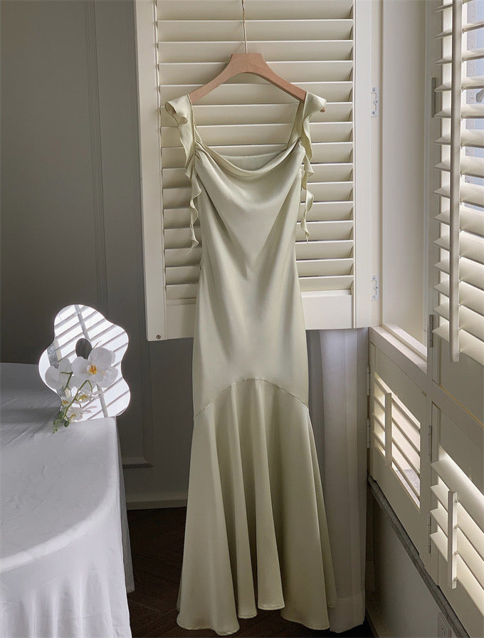 Sexy Mermaid Straps Sage Green Silk Satin Long Prom Dresses