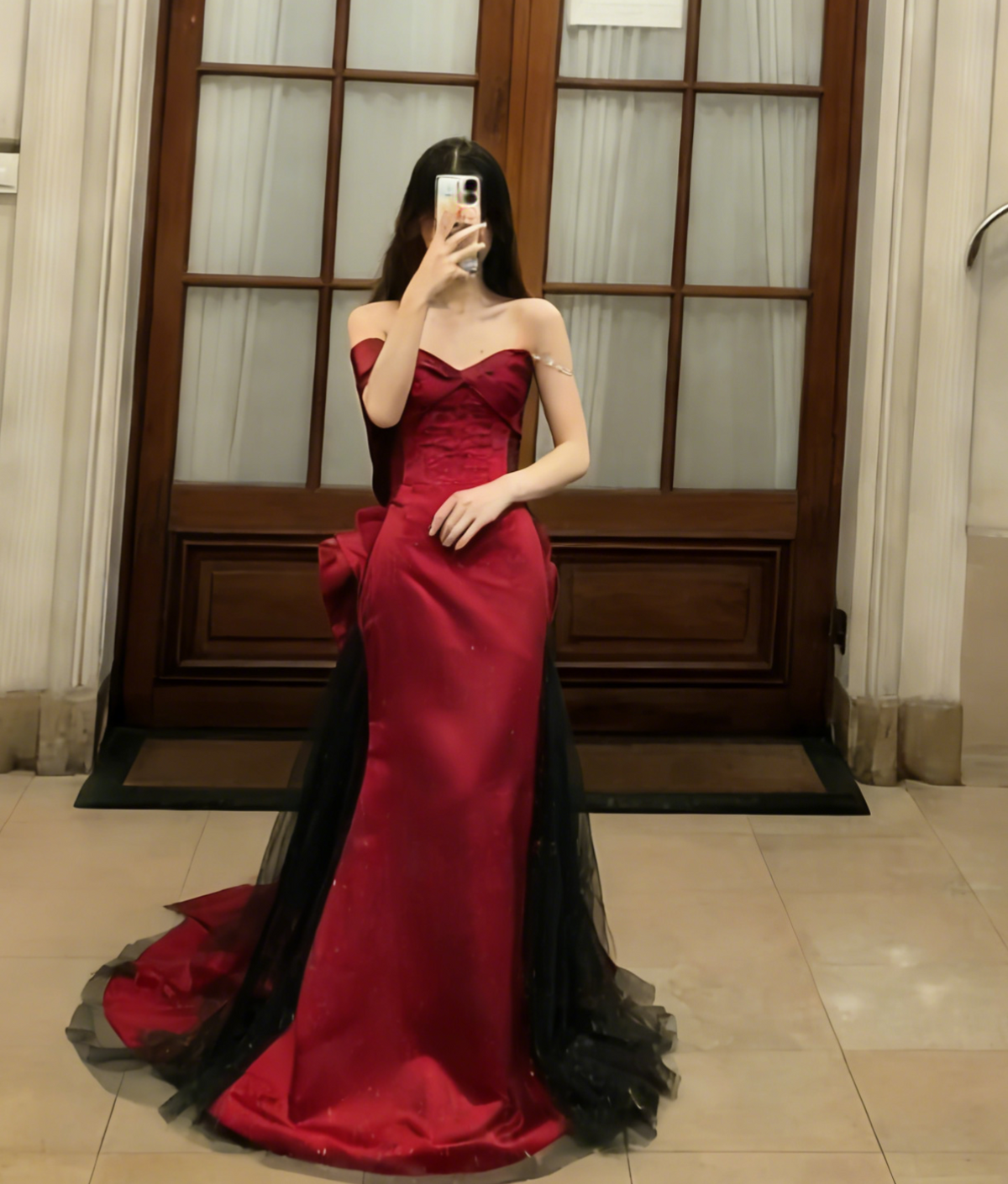Charming Mermaid Burgundy Off-the-Shoulder Satin Tulle Long Prom Dress, Evening Dress - FashionDia