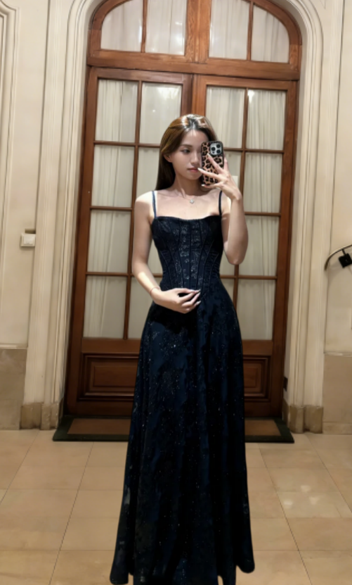 Chic A-Line Spaghetti Straps Lace Long Prom Dress, Evening Dress - FashionDia