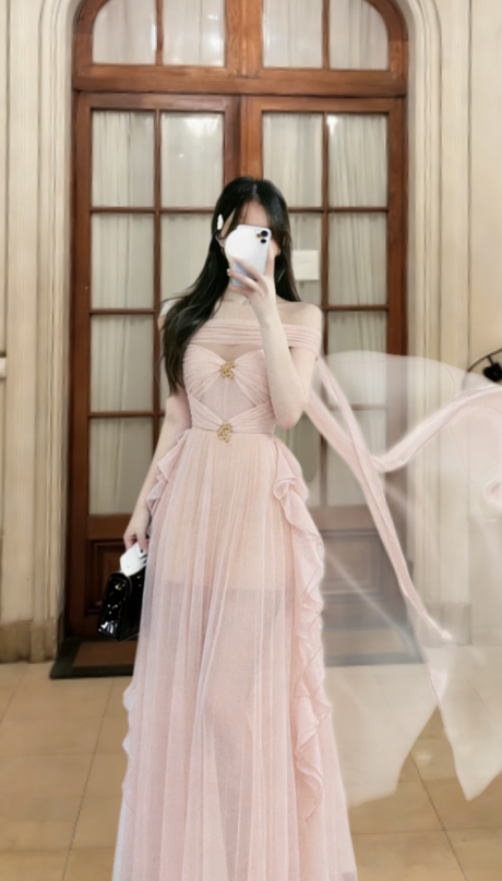 Chic A-Line Strapless Tulle Long Prom Dress, Evening Dress - FashionDia