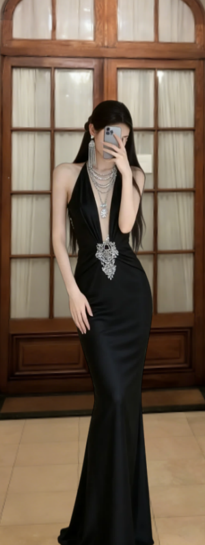 Charming Mermaid Halter Black Satin Long Prom Dress, Evening Dress - FashionDia