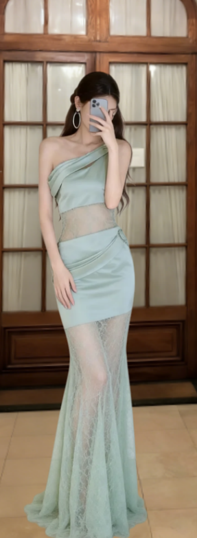 Classy Mermaid One-Shoulder Satin Lace Long Prom Dress, Evening Dress - FashionDia