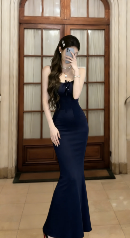 Bodycon Navy Mermaid Spaghetti Straps Satin Long Prom Dress, Evening Dress - FashionDia