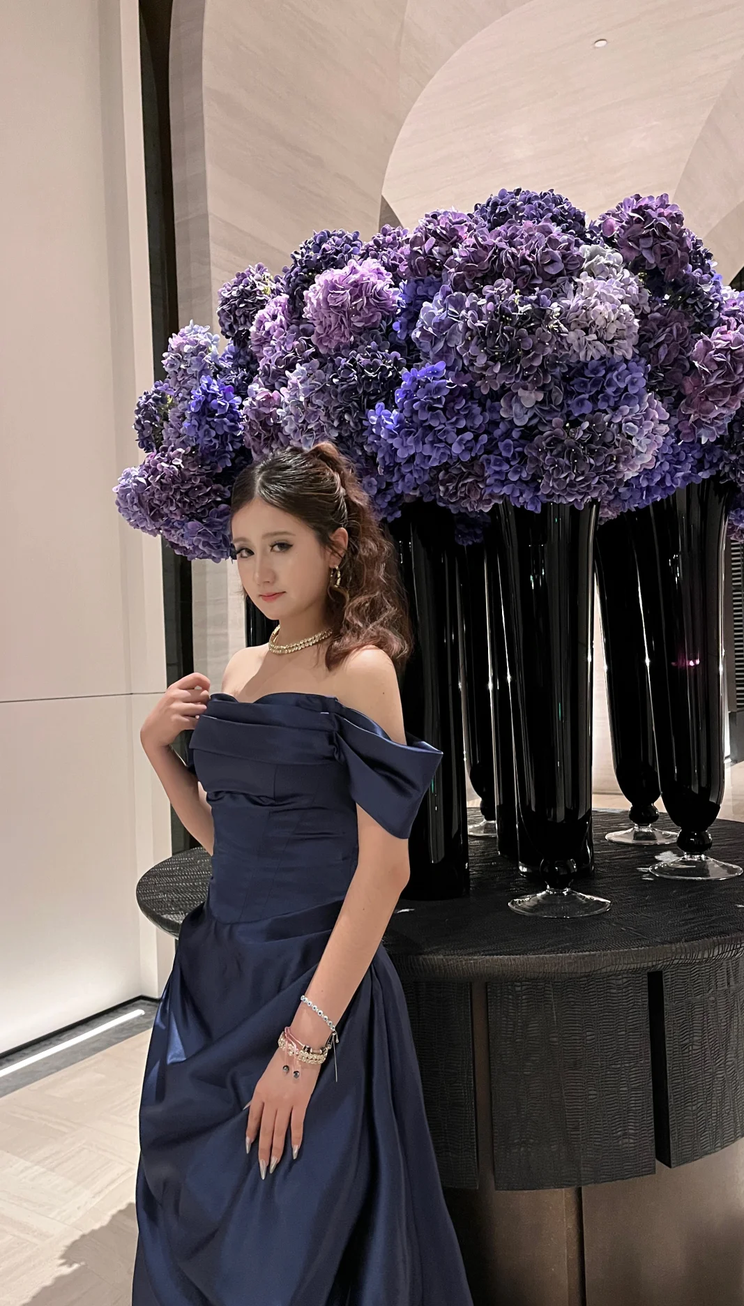 Elegant A-Line Off-the-Shoulder Navy Blue Satin Long Prom Dress, Evening Dress - FashionDia