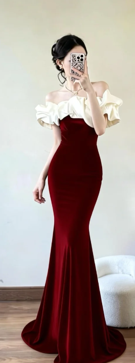 Elegant Burgundy Mermaid Off-the-Shoulder Satin Long Prom Dress, Evening Dress - FashionDia