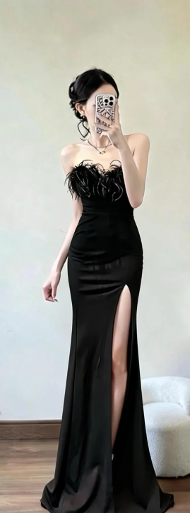 Elegant Black Mermaid Strapless Satin Long Prom Dress, Evening Dress - FashionDia