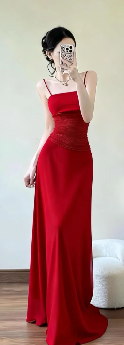 Charming A-Line Spaghetti Straps Red Satin Long Prom Dress, Evening Dress - FashionDia