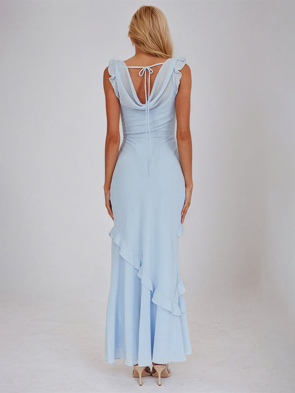 Blue Chiffon Sheath/Column Cowl Neck Sleeveless Floor Length Bridesmaid Dresses