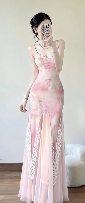 Charming Mermaid Spaghetti Straps Printed Chiffon Lace Long Prom Dress, Evening Dress - FashionDia