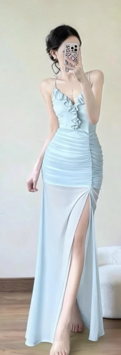 Charming Mermaid Light Blue Spaghetti Straps Ruffle Chiffon Slit Long Prom Dress, Evening Dress - FashionDia