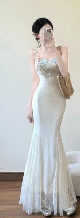 Classy Mermaid Spaghetti Straps Lace Applique Long Prom Dress, Evening Dress - FashionDia