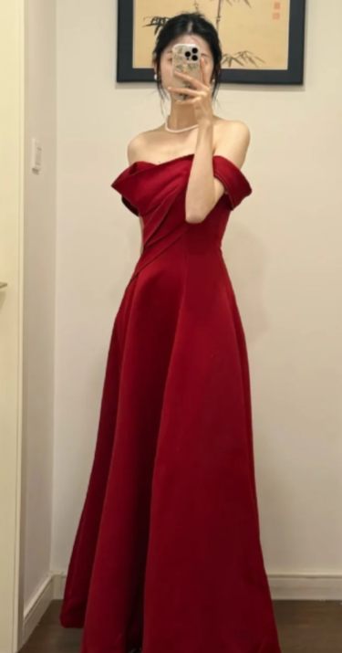 Elegant A-Line Burgundy Off-the-Shoulder Satin Long Prom Dress, Evening Dress - FashionDia