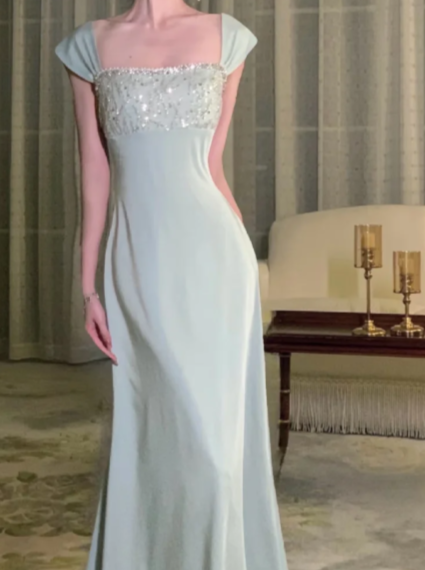 Elegant A-Line Square Satin Sequin Long Prom Dress, Evening Dress - FashionDia