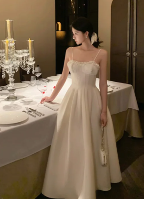 Princess Spaghetti Straps A-Line Satin Long Prom Dress, Evening Dress - FashionDia