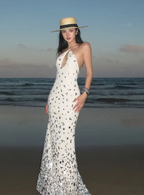 Unique Mermaid Halter Satin Sequin Long Prom Dress, Evening Dress - FashionDia