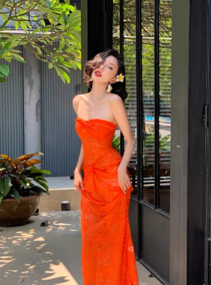 Chic Mermaid Strapless Orange Lace Long Prom Dress, Evening Dress - FashionDia